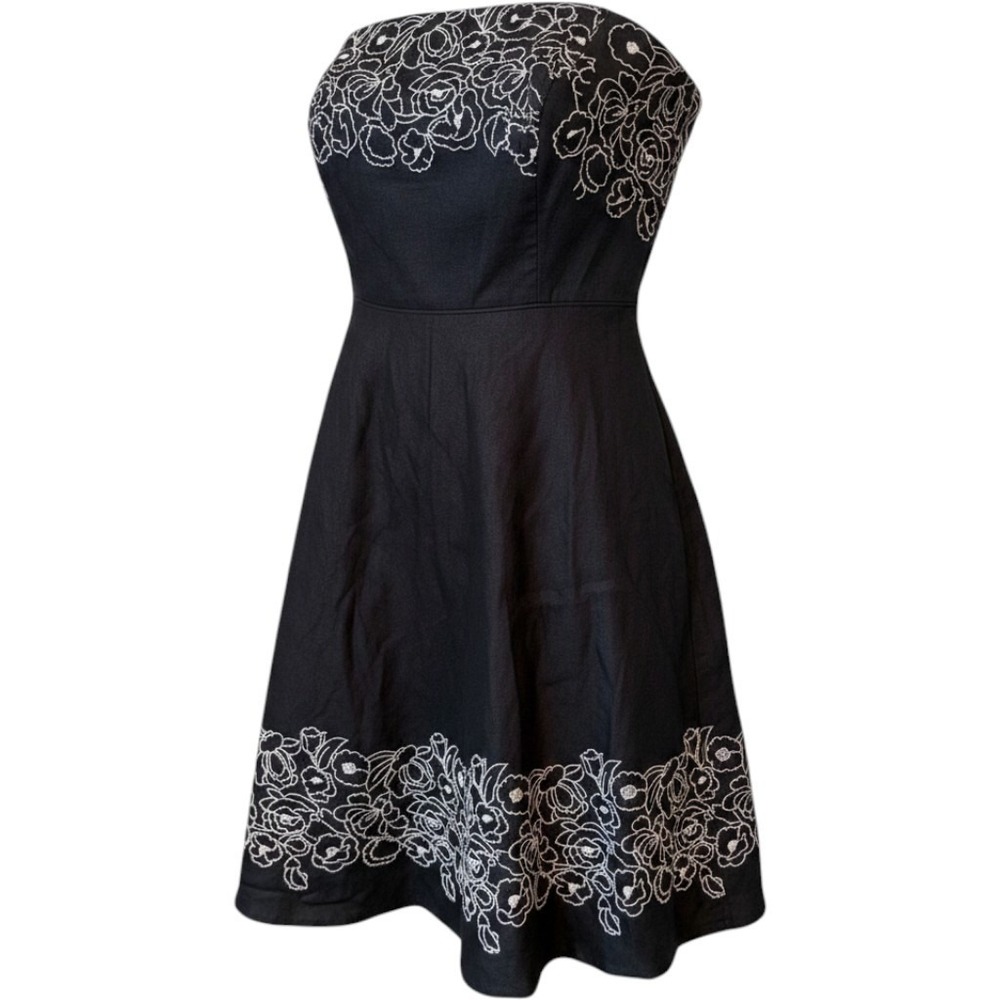 Ann Taylor Loft Dress Womens 4P Black Floral Embroidered Strapless Linen Petite‎